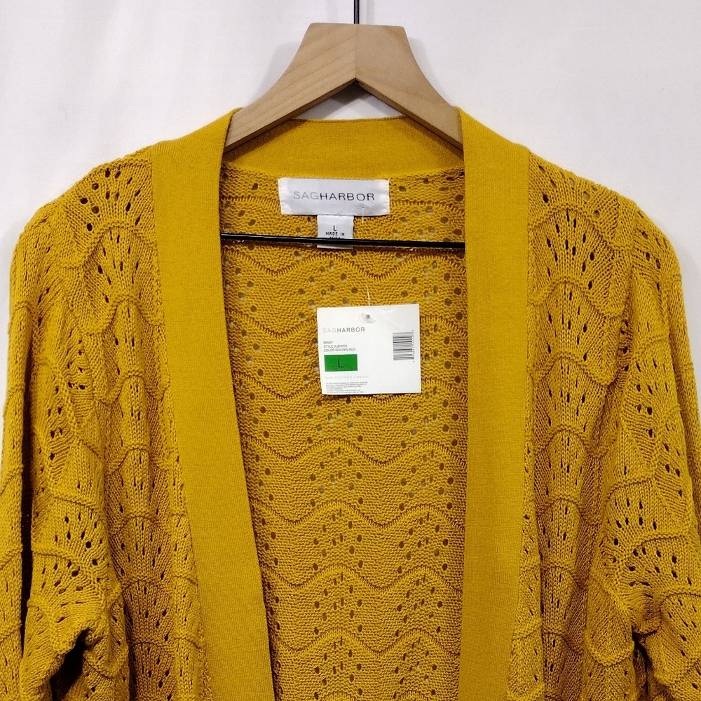 NWT Sagharbor Eyelet Open Front Cardigan Women's L Mustard Yellow Boho Retro Y2K - Picture 2 of 8